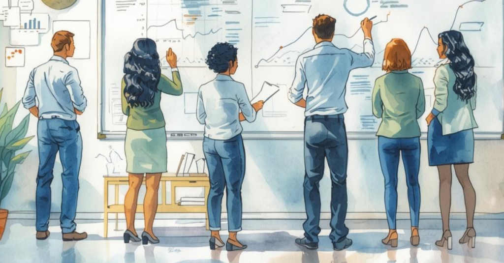 Illustration of six professionals standing side by side, collaborating at a large whiteboard covered with charts, graphs, and notes, suggesting a team analyzing data and financing strategy.