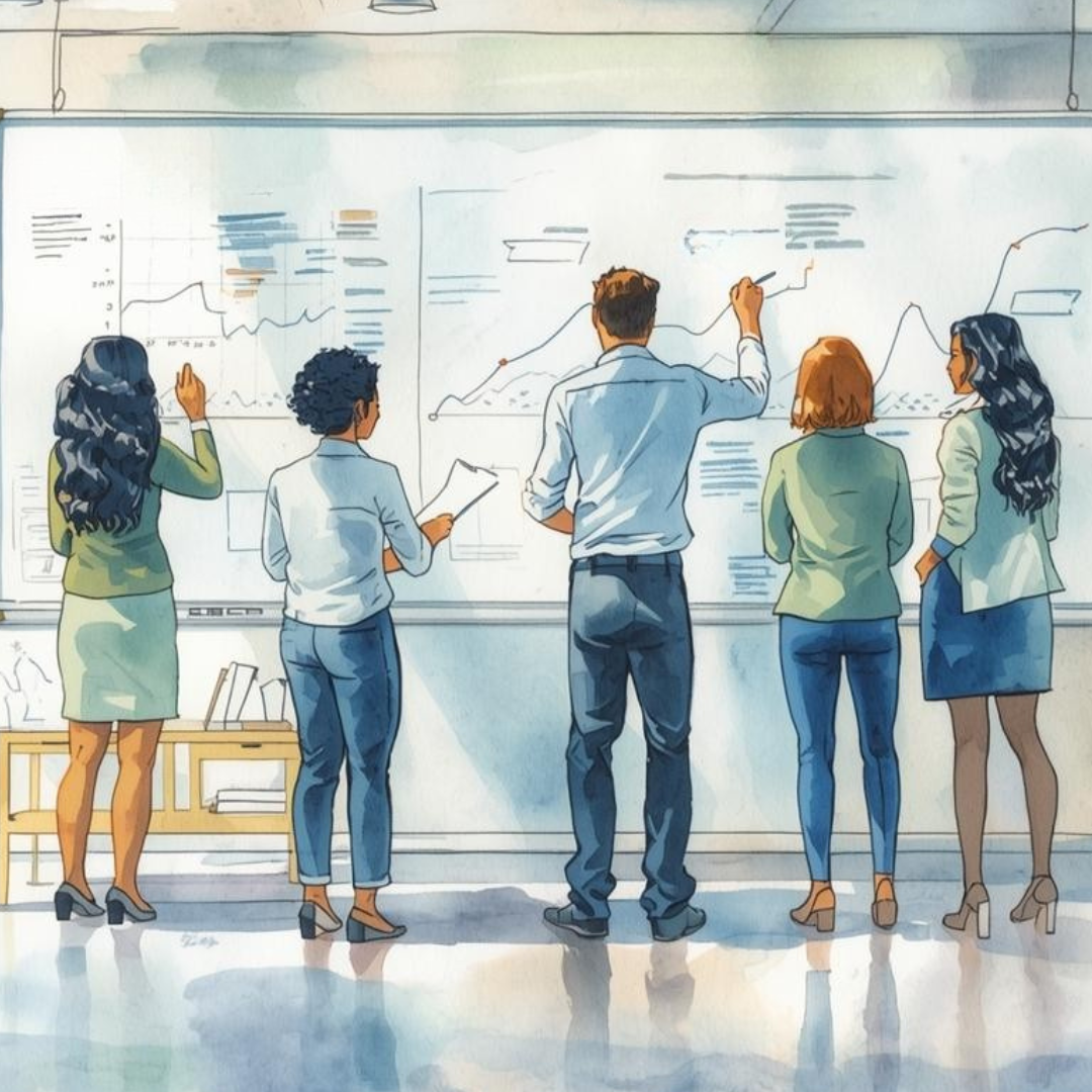 Illustration of five professionals standing side by side, collaborating at a large whiteboard covered with charts, graphs, and notes, suggesting a team analyzing data and smarter financing.